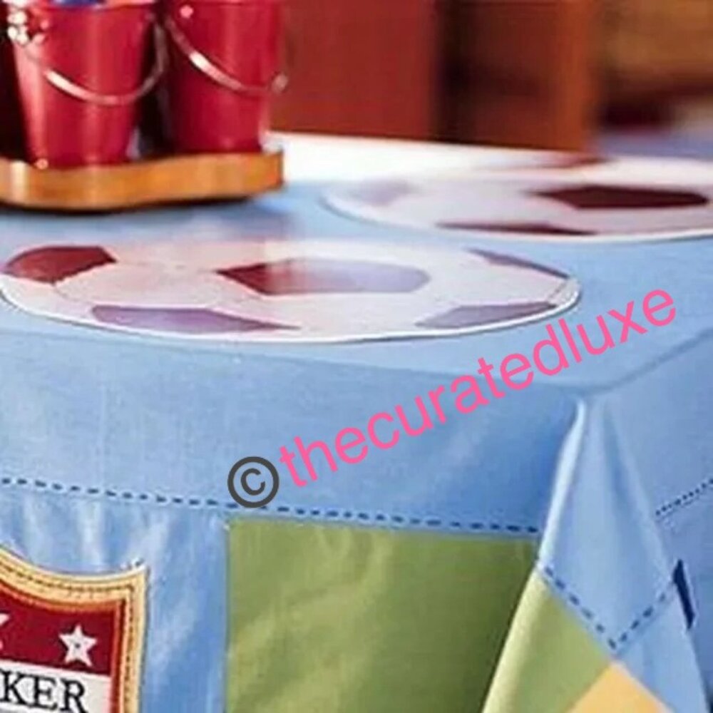Pottery Barn Kids Soccer 2026 WORLD CUP Tablecloth Blue 66 x 66 RARE NIP